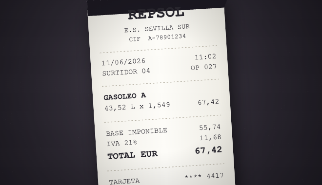 Foto del ticket de Repsol, 67,42 €